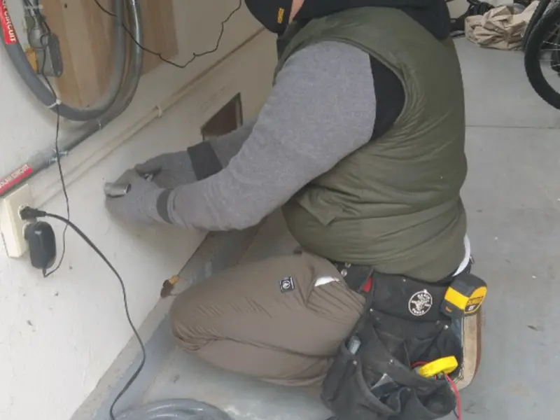 Electrician performing outlet wiring in a Emmett garage